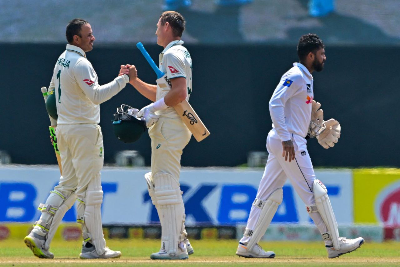 Usman Khawaja and Marnus Labuschagne celebrate Australia's win, Sri Lanka vs Australia, 2nd Test, Galle, 4th day, February 9, 2025