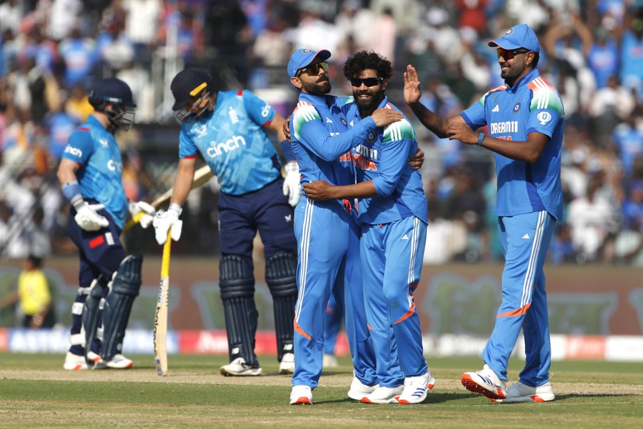Ravindra Jadeja is mobbed by Harshit Rana and Virat Kohli after a wicket, India vs England, 2nd ODI, Cuttack, February 9, 2025
