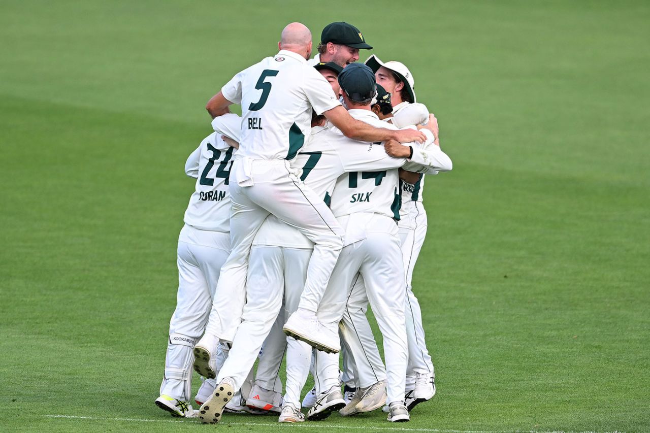 Tasmania celebrate their narrow victory over Victoria, Tasmania vs Victoria, Sheffield Shield, Hobart, February 11, 2025