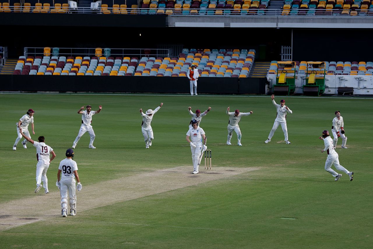 Queensland celebrate as Xavier Bartlett claims the final wicket, Queensland vs New South Wales, Sheffield Shield, Gabba, February 11, 2025