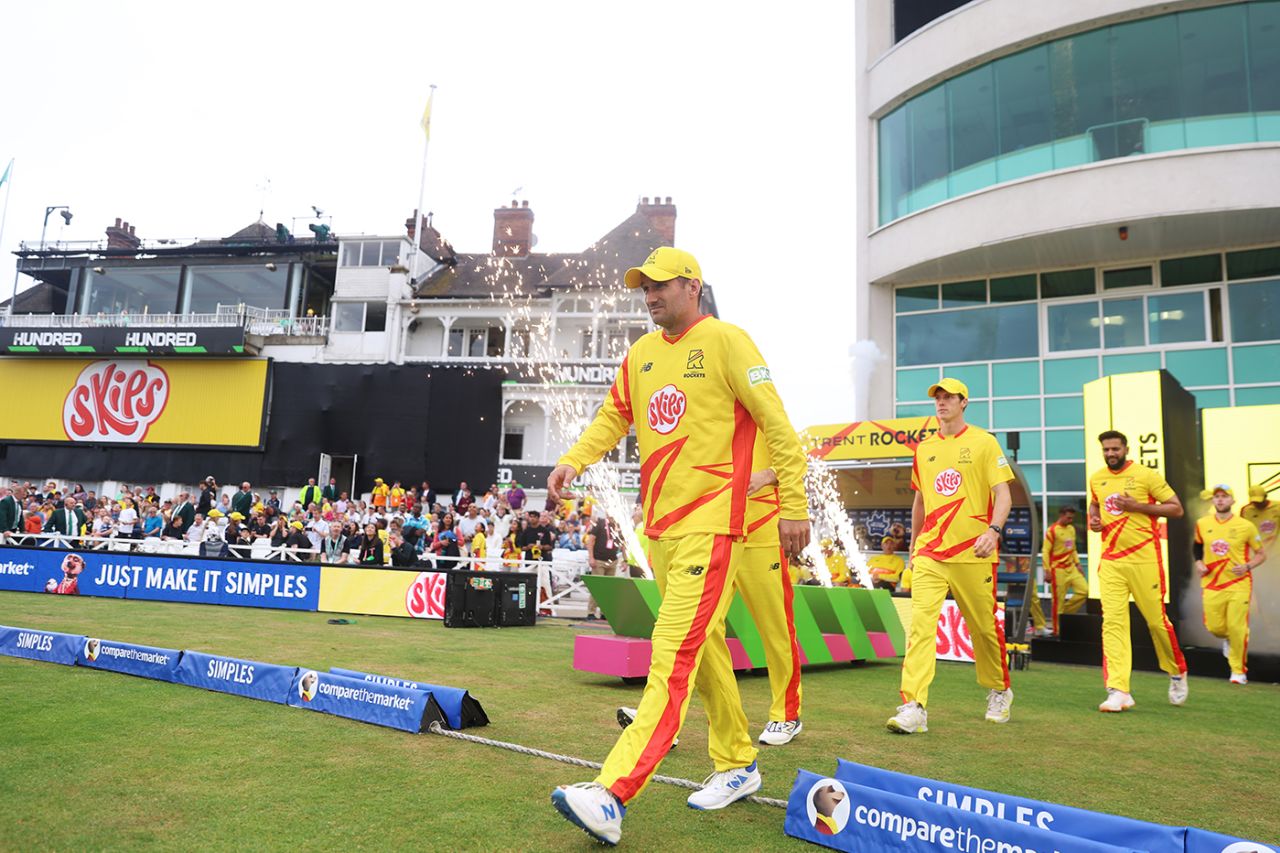 Lewis Gregory leads his players out, Trent Rockets vs Oval Invincibles, The Hundred (men's), Trent Bridge, August 14, 2024