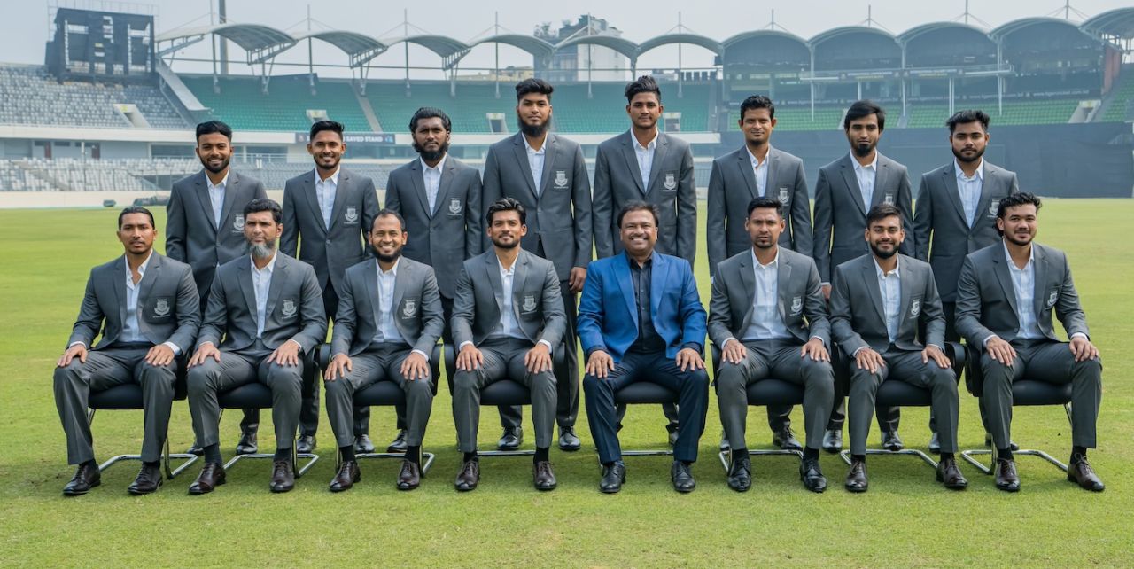 The Bangladesh squad poses for an official photograph with the BCB president, Dhaka, February 12, 2025