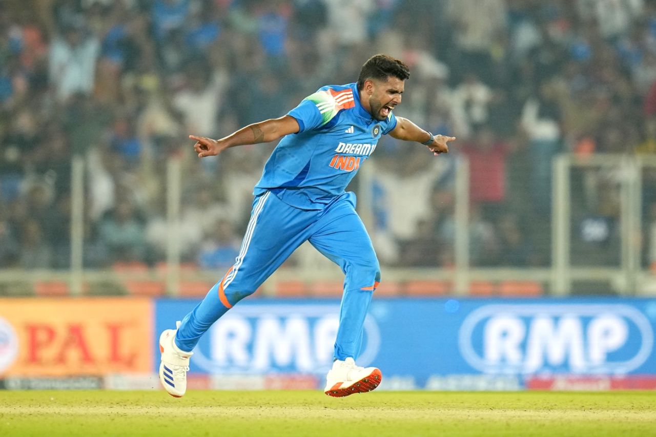 Harshit Rana is pumped after dismissing Harry Brook, India vs England, 3rd ODI, Ahmedabad, February 12, 2025