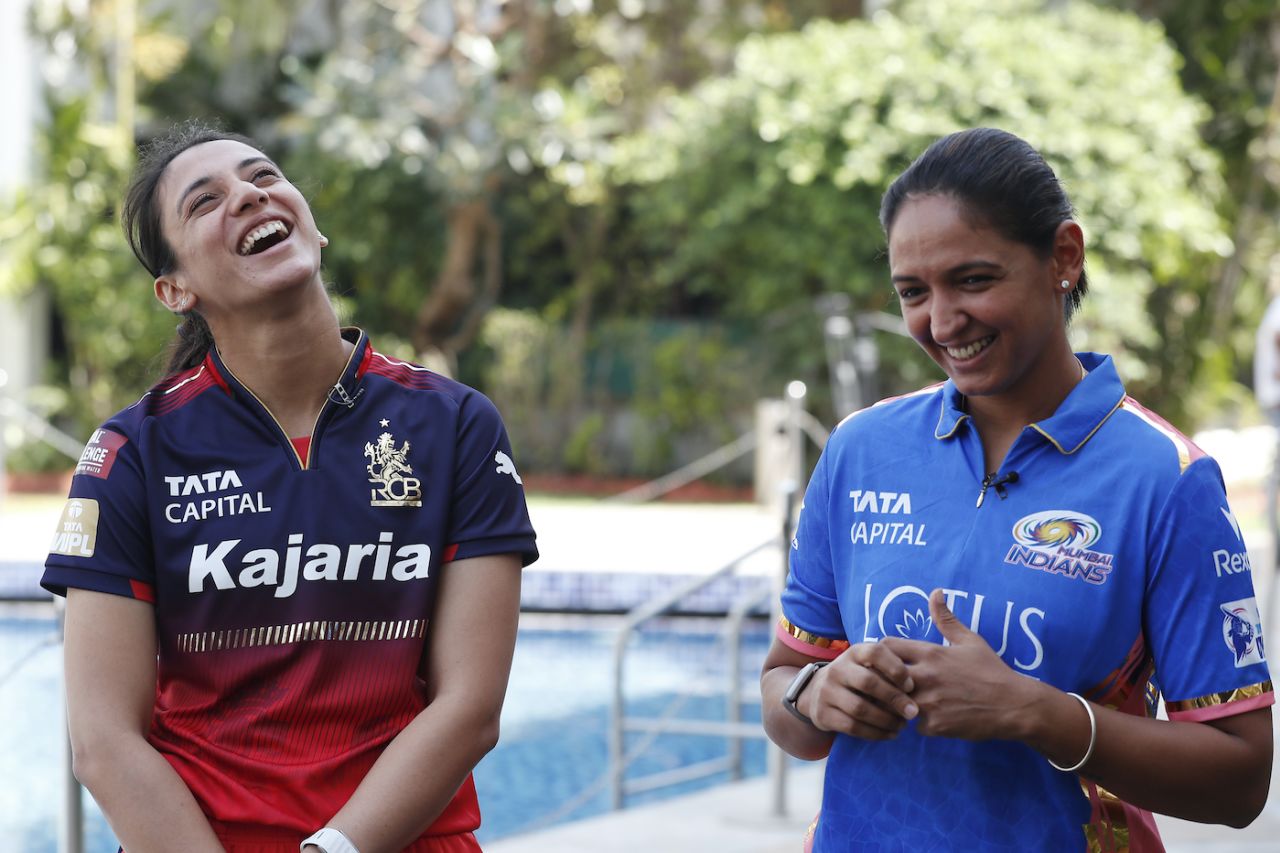Smriti Mandhana and Harmanpreet Kaur, RCB and MI captains, have a laugh, WPL 2025, February 13, 2025