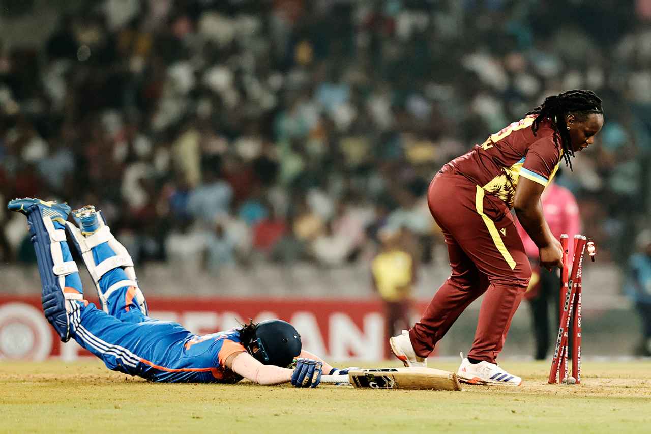 S Sajana dives to make it to the crease, India vs West Indies, 1st Women's T20I, Navi Mumbai, December 15, 2024