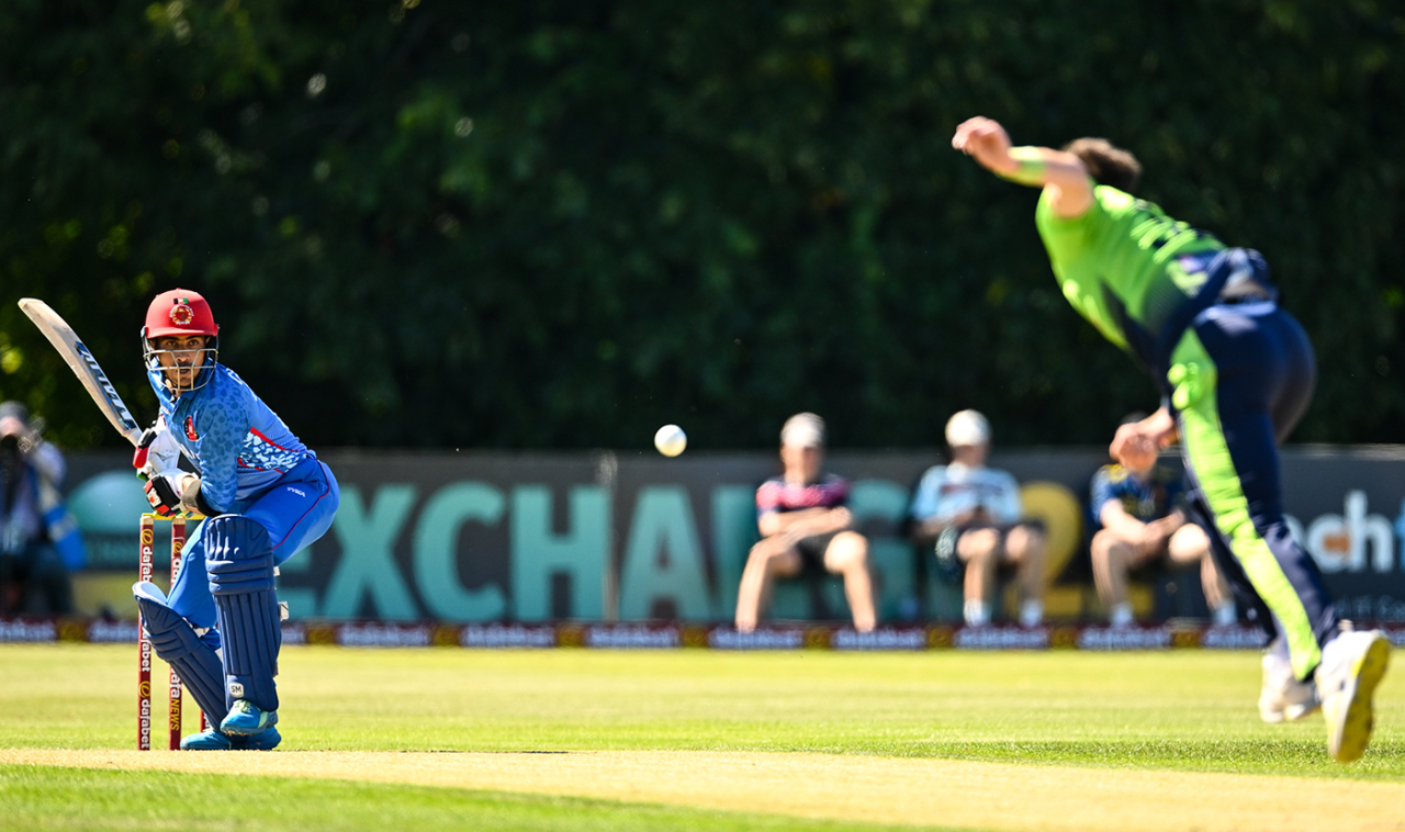 Rahmanullah Gurbaz gets into position to face a ball, Ireland vs Afghanistan, 3rd T20I, Belfast, August 12, 2022