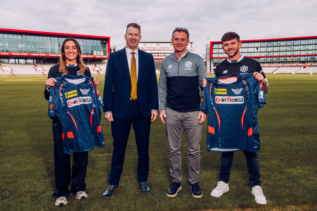 Fi Morris, Daniel Gidney, James Sheridan and Matty Hurst pose with Lucknow Super Giants shirts, Old Trafford, February 14, 2025