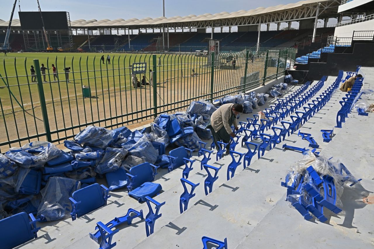 Workers renovate the Gaddafi Stadium, Karachi, February 6. 2025