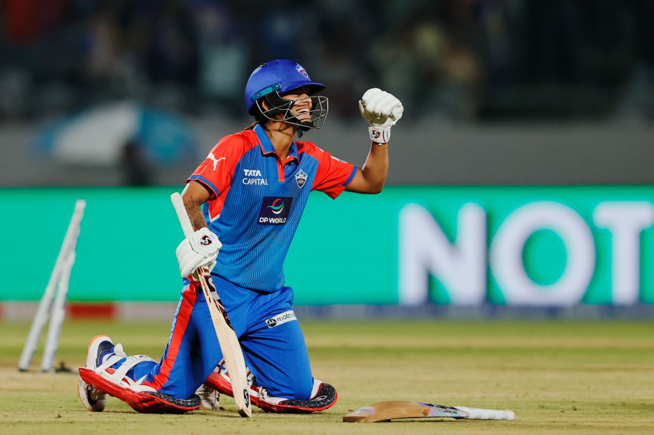 Radha Yadav exults after Delhi Capitals complete the two that won them the game, Mumbai Indians vs Delhi Capitals, WPL 2025, Vadodara, February 15, 2025