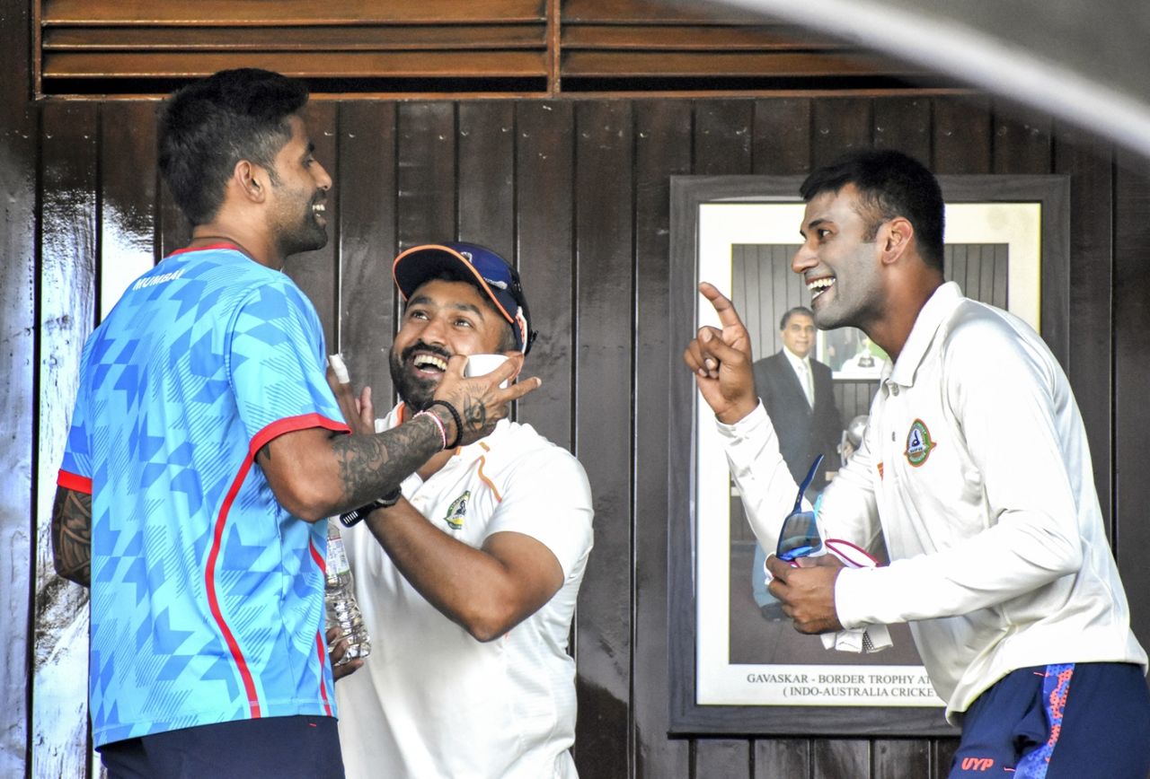 Suryakumar Yadav, Karun Nair and Akshay Wakhare share a lighter moment, Nagpur, February 16, 2025