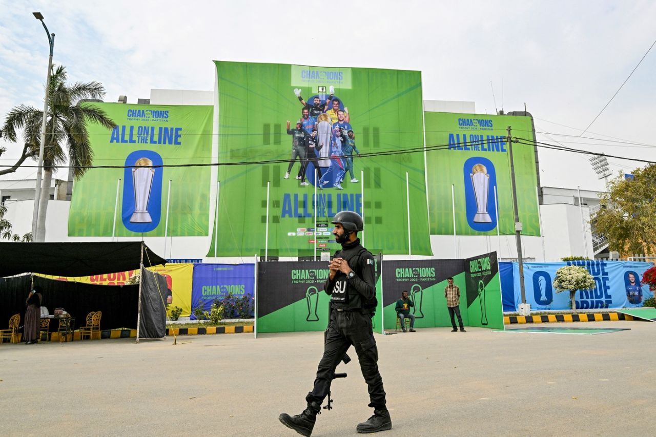 A security official patrols outside the National Stadium, Champions Trophy, Karachi, February 17, 2025
