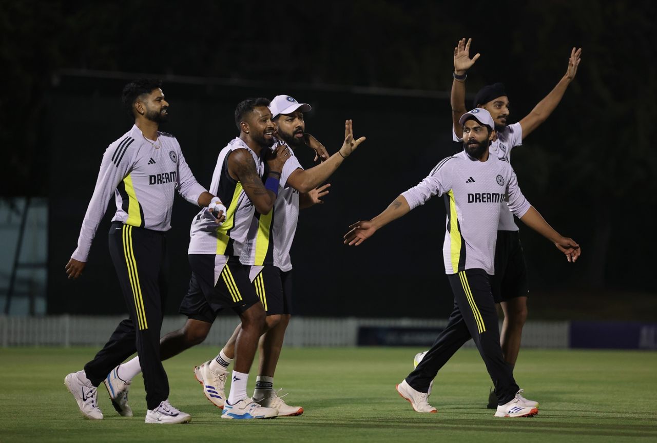 Shryas Iyer, Hardik Pandya, Rohit Sharma, Ravindra Jadeja and Arshdeep Singh at practice, Champions Trophy, Dubai, February 17, 2024