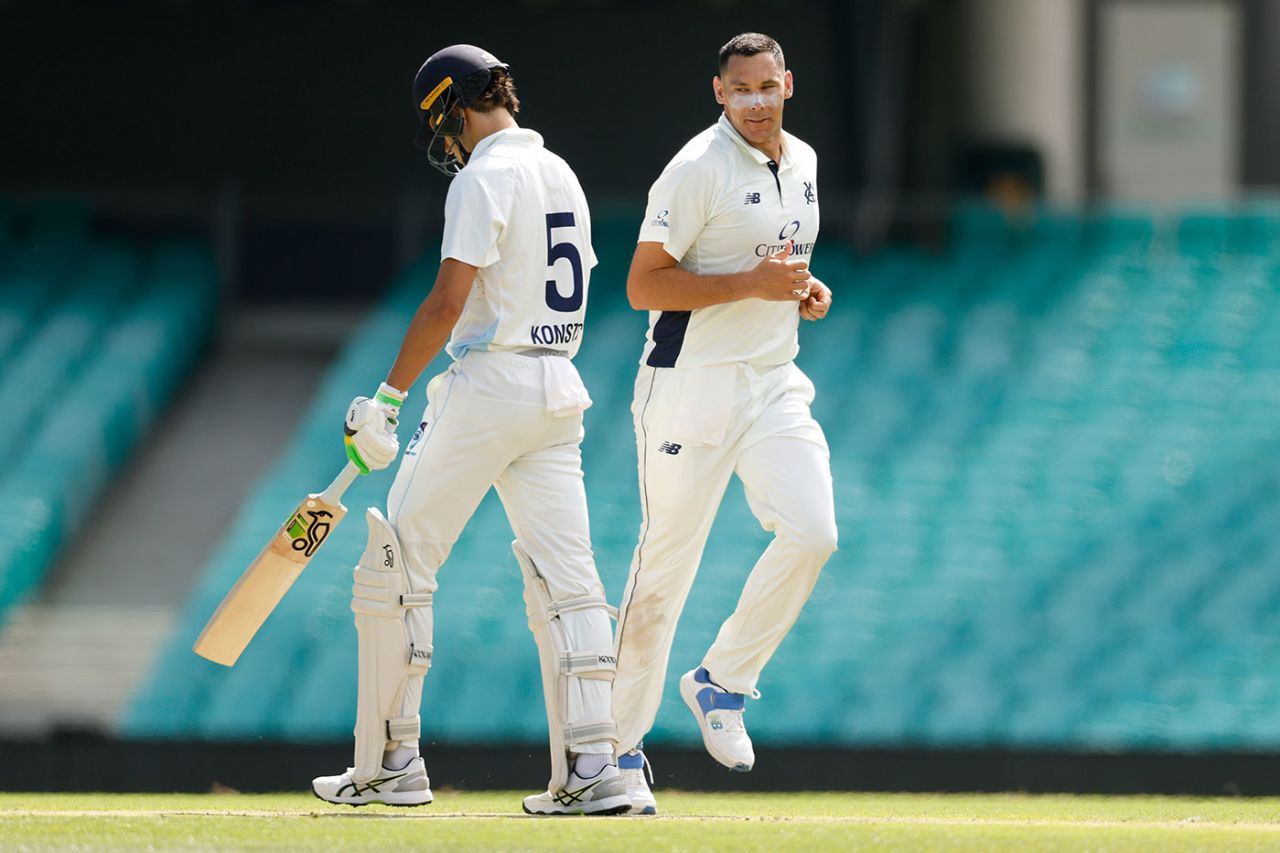 Scott Boland glances towards Sam Konstas after his dismissal, New South Wales vs Victoria, Sheffield Shield, SCG, February 18, 2025