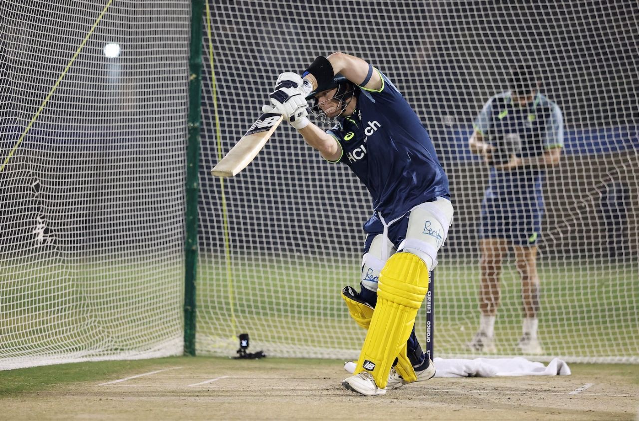 Steven Smith drives in the nets in Lahore, February 19, 2025