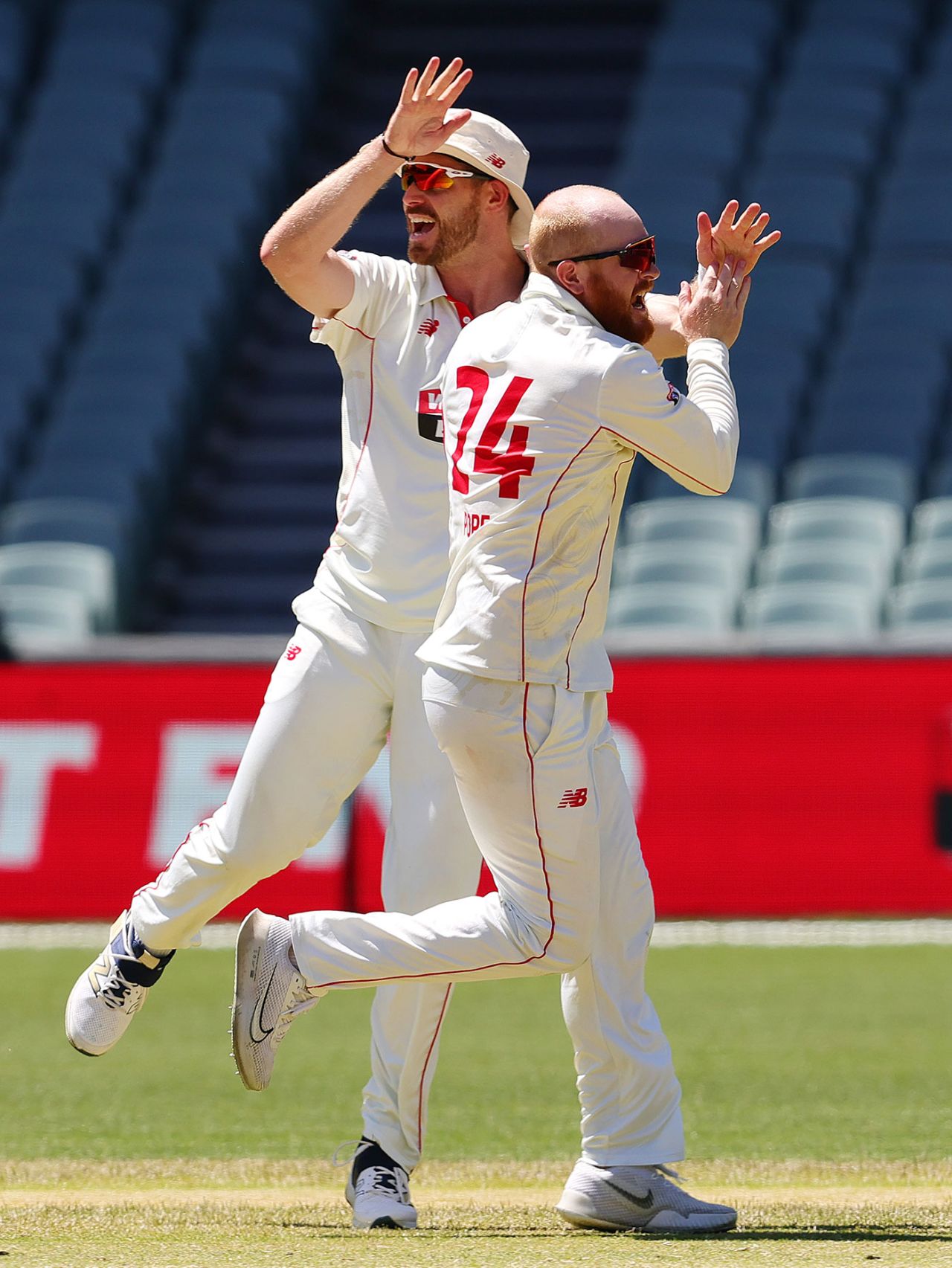 Lloyd Pope celebrates one of his four wickets, South Australia vs Tasmania, Sheffield Shield, Adelaide Oval, February 21, 2025