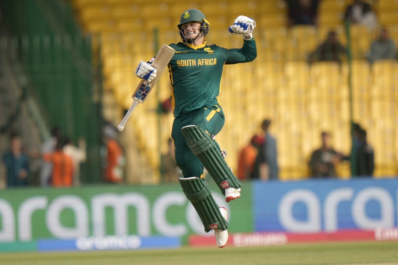 Ryan Rickelton celebrates his maiden ODI ton, Afghanistan vs South Africa, Champions Trophy, Karachi, February 21, 2025 | sportzpoint.com