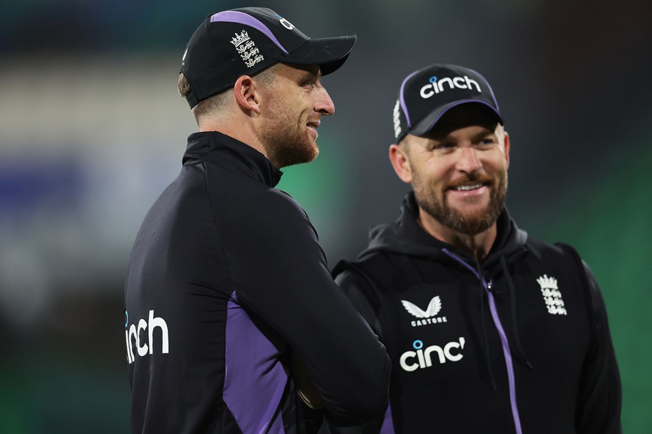 Jos Buttler and Brendon McCullum are all smiles at training, England training, Gaddafi Stadium, Lahore, ICC Champions Trophy, Feburary 20, 2025