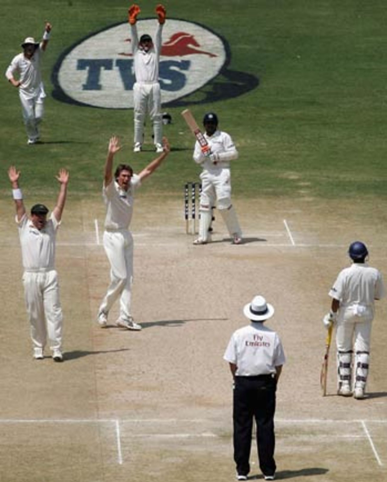 India's second innings began disastrously as Virender Sehwag was given out lbw to Glenn McGrath, India v Australia, 1st Test, Bangalore, 3rd day, October 9, 2004