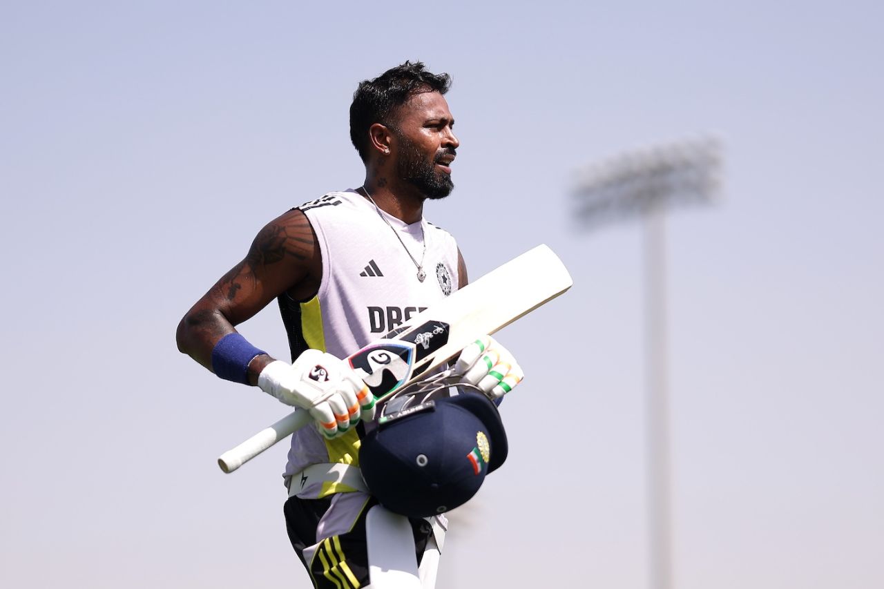Hardik Pandya at a net session ahead of India's Champions Trophy game against Pakistan, Dubai, February 22, 2025