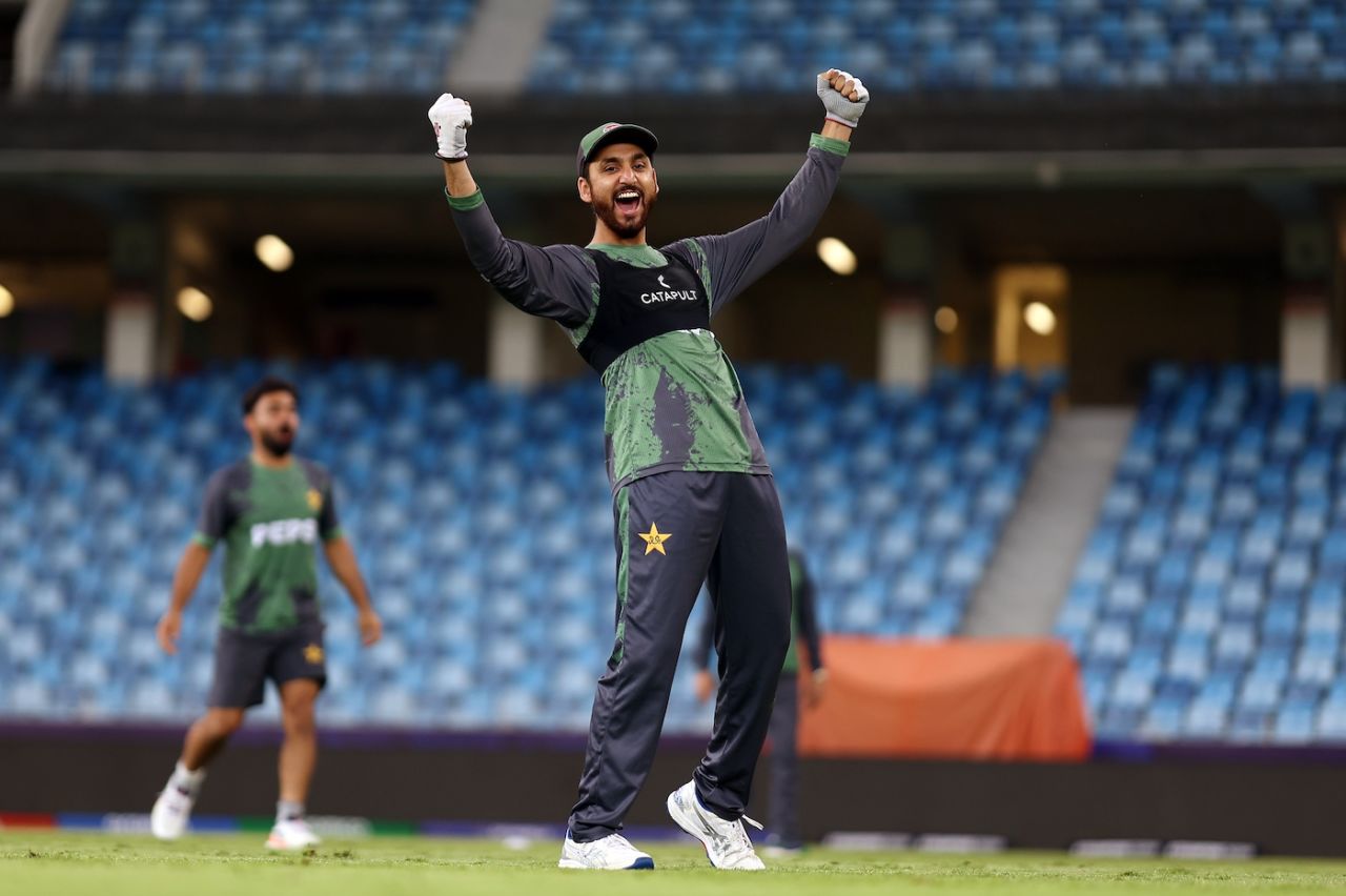 Salman Agha at a training session on the eve of Pakistan's Champions Trophy game against India, Dubai, February 22, 2025