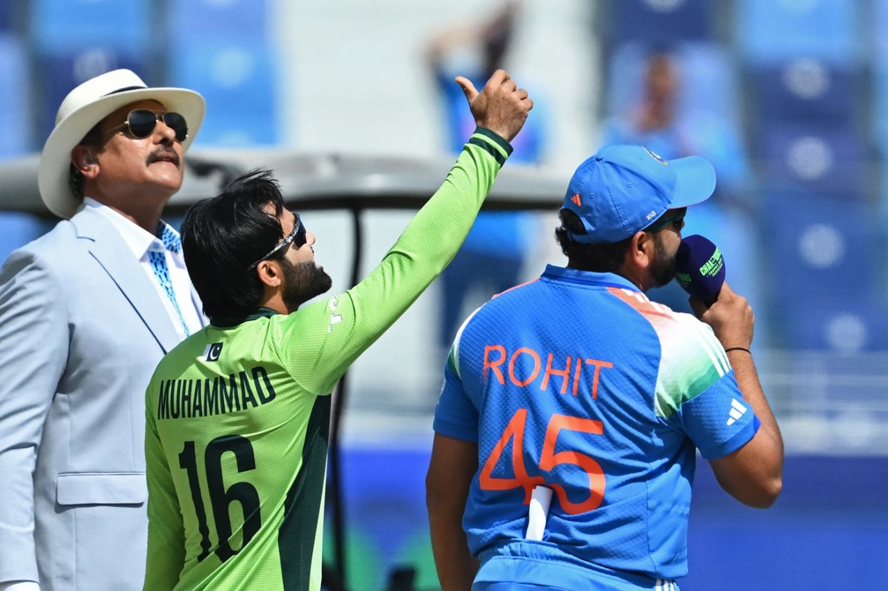 Rohit Sharma calls just as Mohammad Rizwan flips the coin, Pakistan vs India, ICC Men's Champions Trophy, Dubai, February 23, 2025