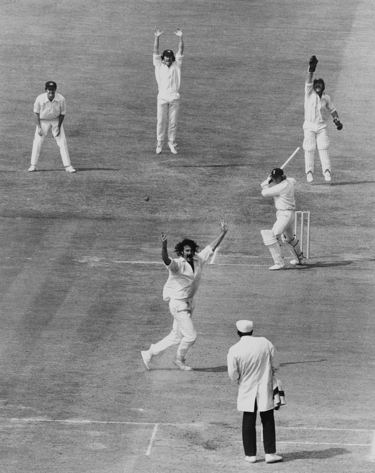 Dennis Lillee and Australia's fielders appeal for Barry Wood's wicket, England v Australia, 4th Test, The Oval, 4th day, September 1, 1975