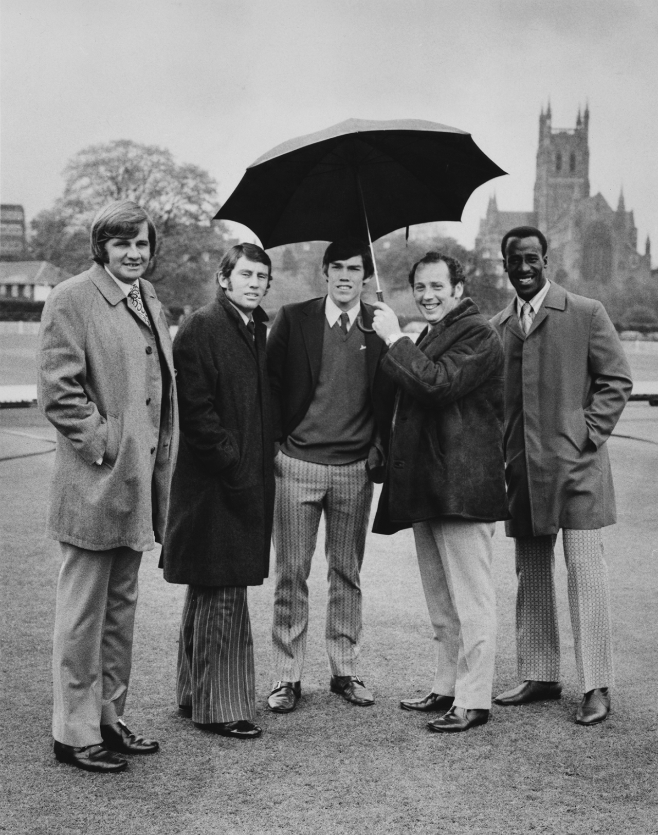 Australians Bruce Francis, Ian Chappell and Jeff Hammond stand with Norman Gifford and Vanburn Holder, May 6, 1972