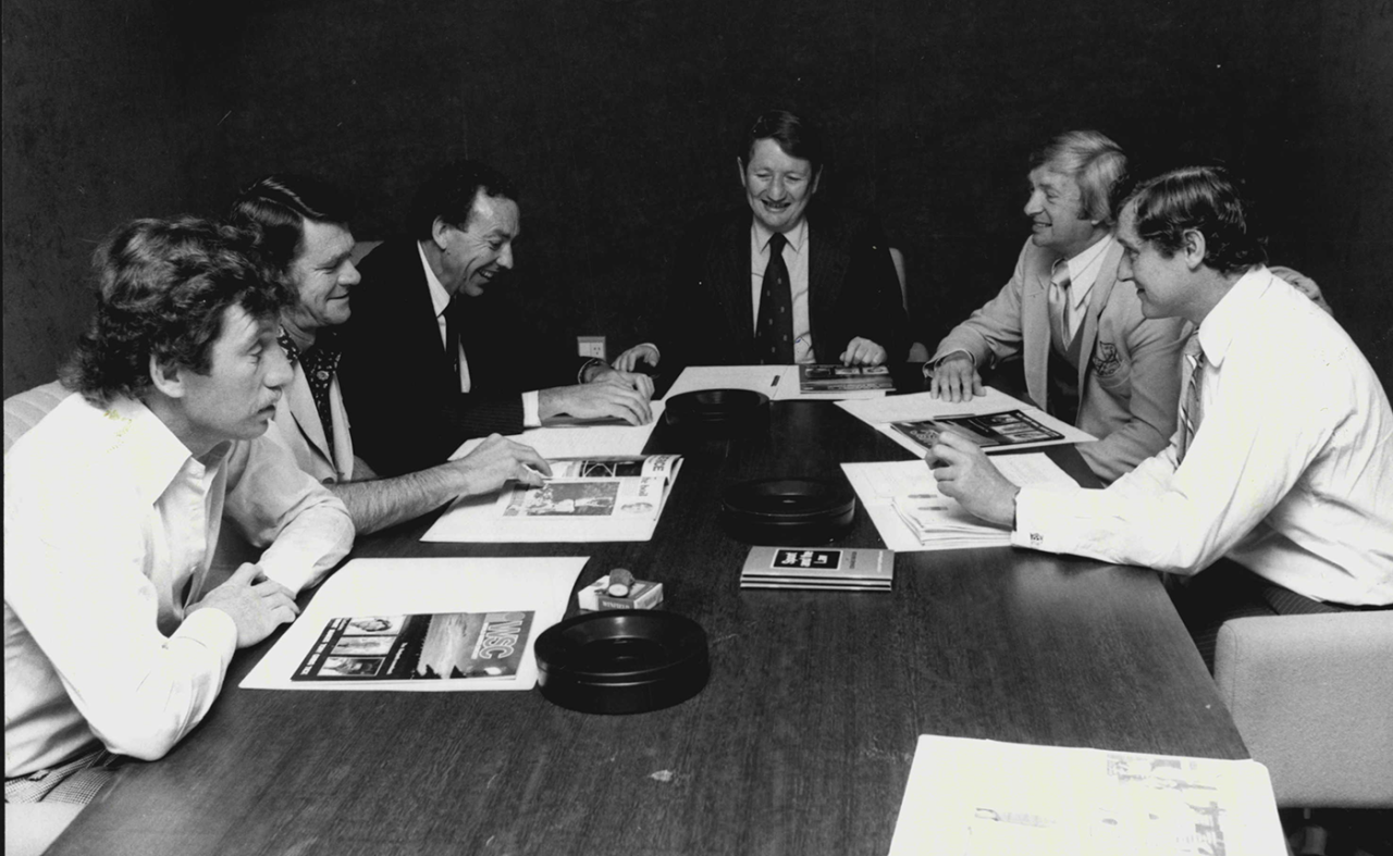 Ian Chappell, John Gleeson, Geoffrey Forsaith, Andrew Caro, Richie Benaud and Bob Cowper attend the World Series Cricket governing committee meeting in Sydney, October 19, 1978