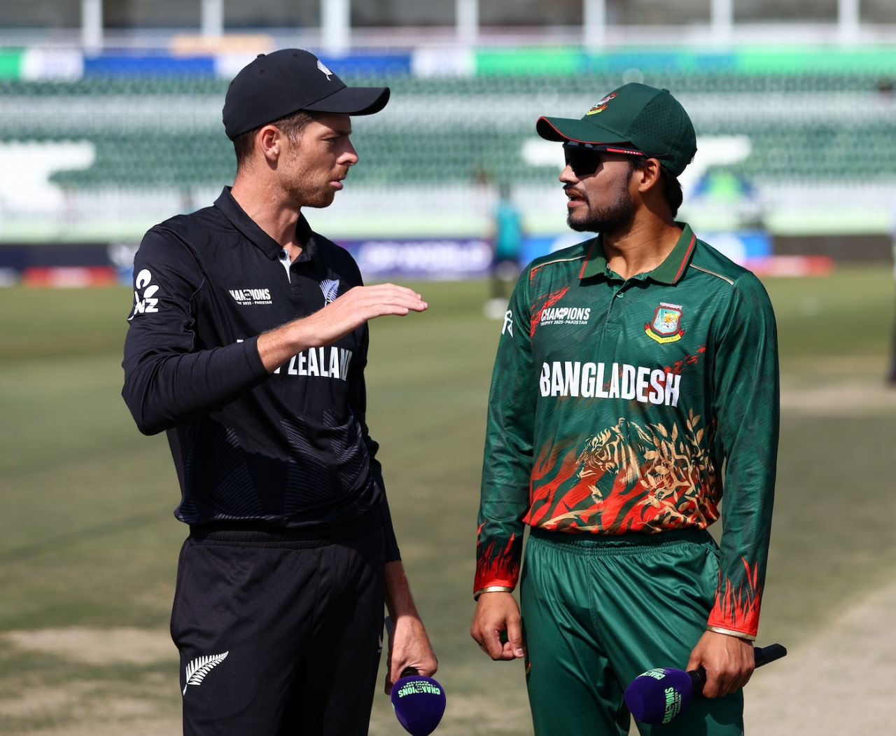 Mitchell Santner and Najmul Hossain Shanto have a chat at the toss, Bangladesh vs New Zealand, Champions Trophy, Rawalpindi, February 24, 2025