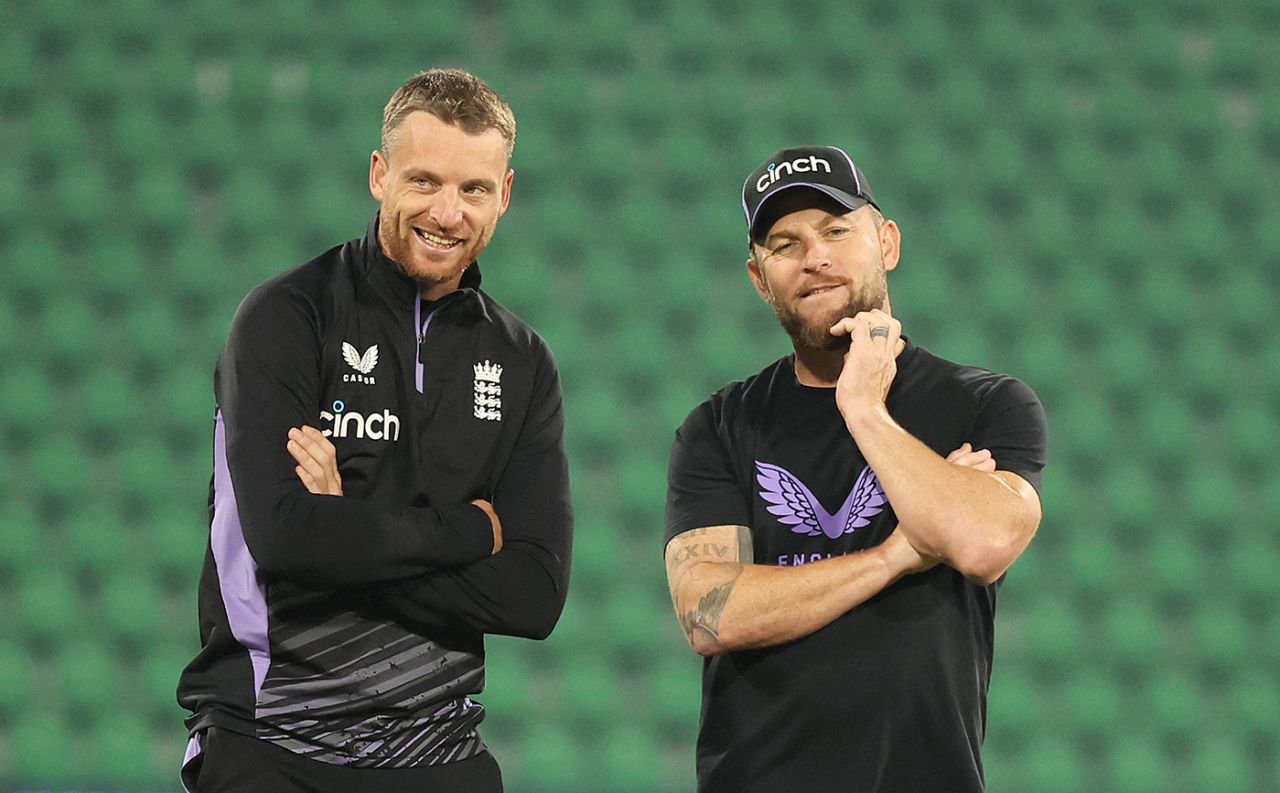 Jos Buttler and Brendon McCullum share a joke in Lahore, England training, Gaddafi Stadium, Champions Trophy, February 25, 2025