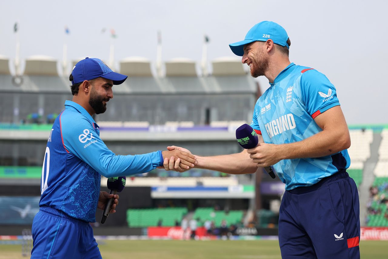 Hashmatullah Shahidi and Jos Buttler shake hands ahead of the toss, England vs Afghanistan, Gaddafi Stadium, Lahore, ICC Champions Trophy, February 26, 2025