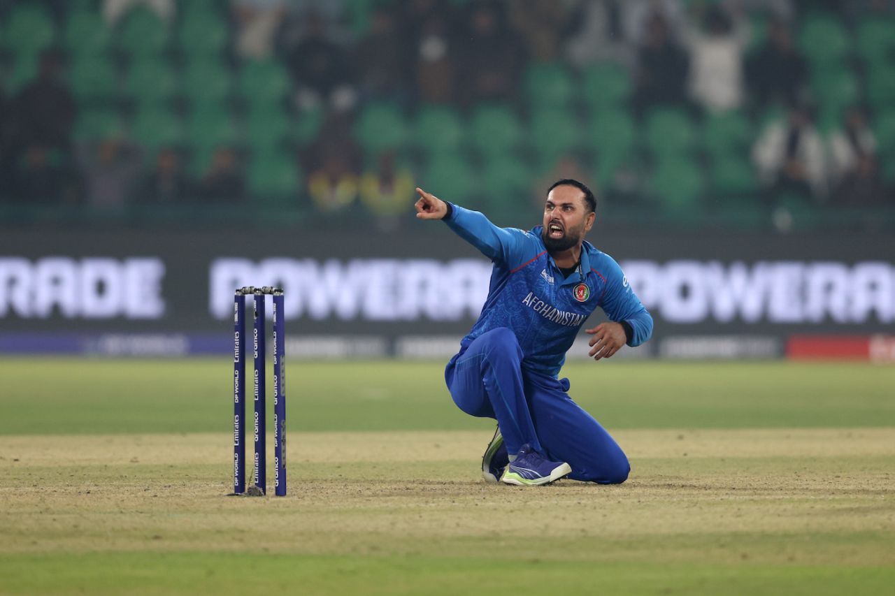 A big appeal lbw from Mohammad Nabi in the 28th over was turned down, Gaddafi Stadium, Lahore, ICC Champions Trophy, February 26, 2025