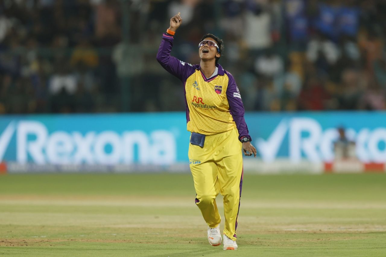 Deepti Sharma celebrates dismissing Yastika Bhatia, Mumbai Indians vs UP Warriorz, Bengaluru, WPL, February 26, 2025