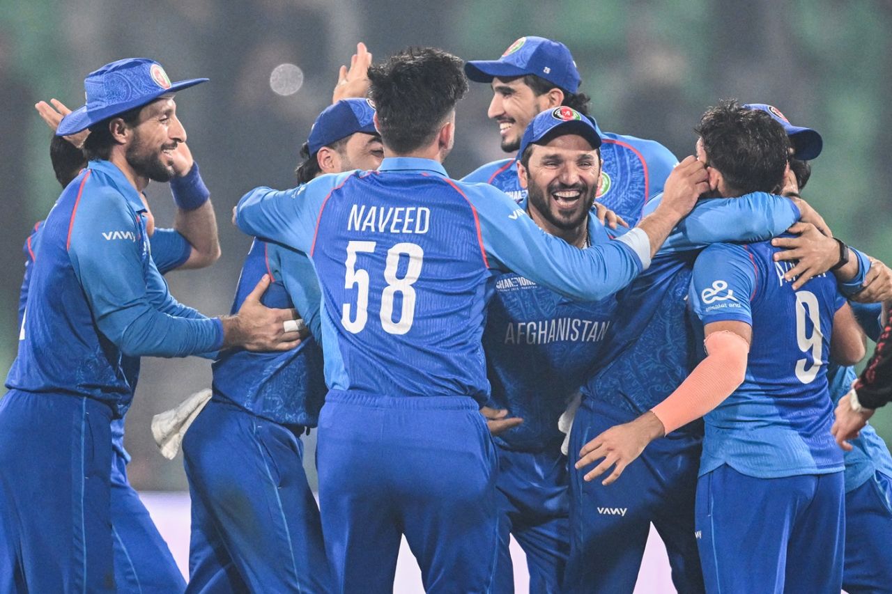 Afghanistan players rejoice in their win over England, Afghanistan vs England, Lahore, ICC Champions Trophy, February 26, 2025