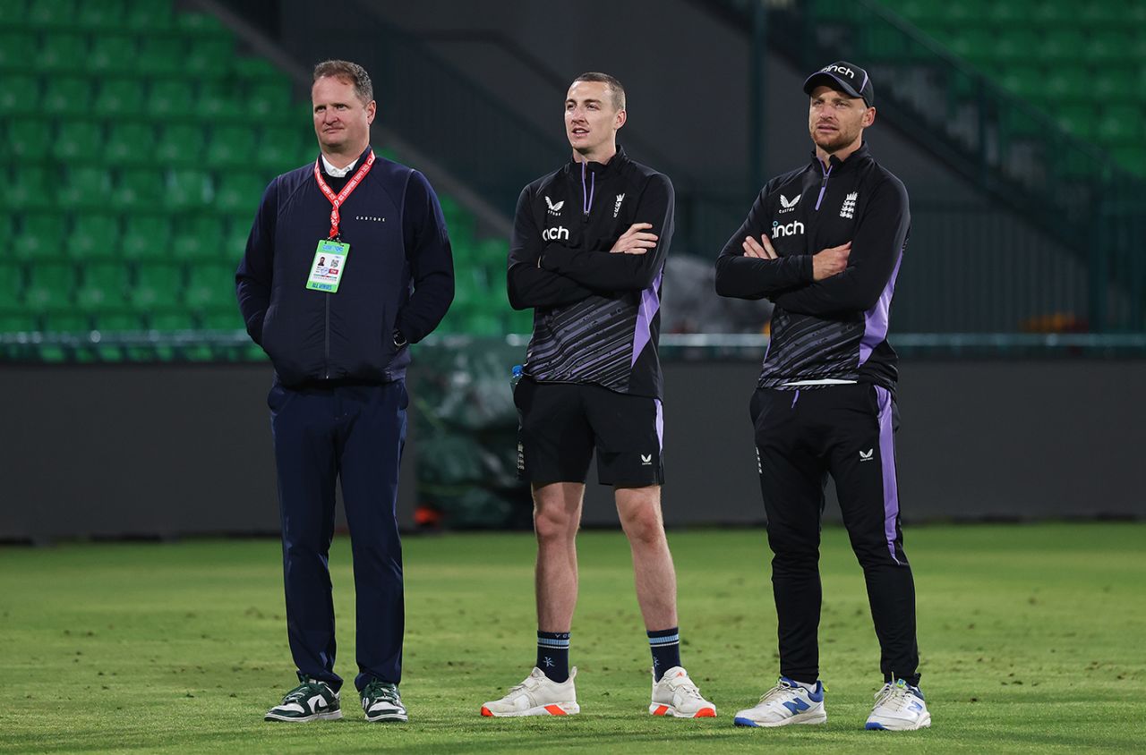 Rob Key, Harry Brook and Jos Buttler watch on during England training, Gaddafi Stadium, Lahore, ICC Champions Trophy, Feburary 20, 2025