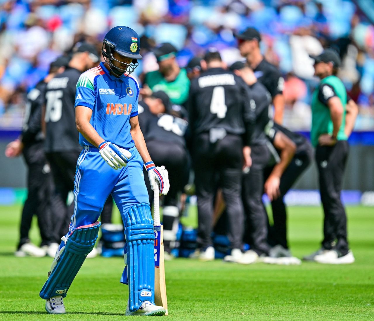 Shubman Gill walks back, trapped lbw by Matt Henry, India vs New Zealand, Champions Trophy, Dubai, March 2, 2025