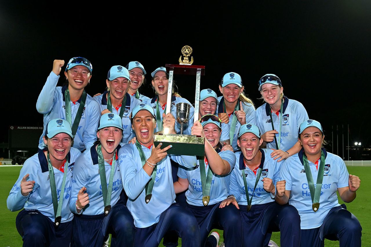 New South Wales celebrate with the Ruth Preddy Cup Queensland vs New South Wales, WNCL final, Allan Border Field, March 2, 2025