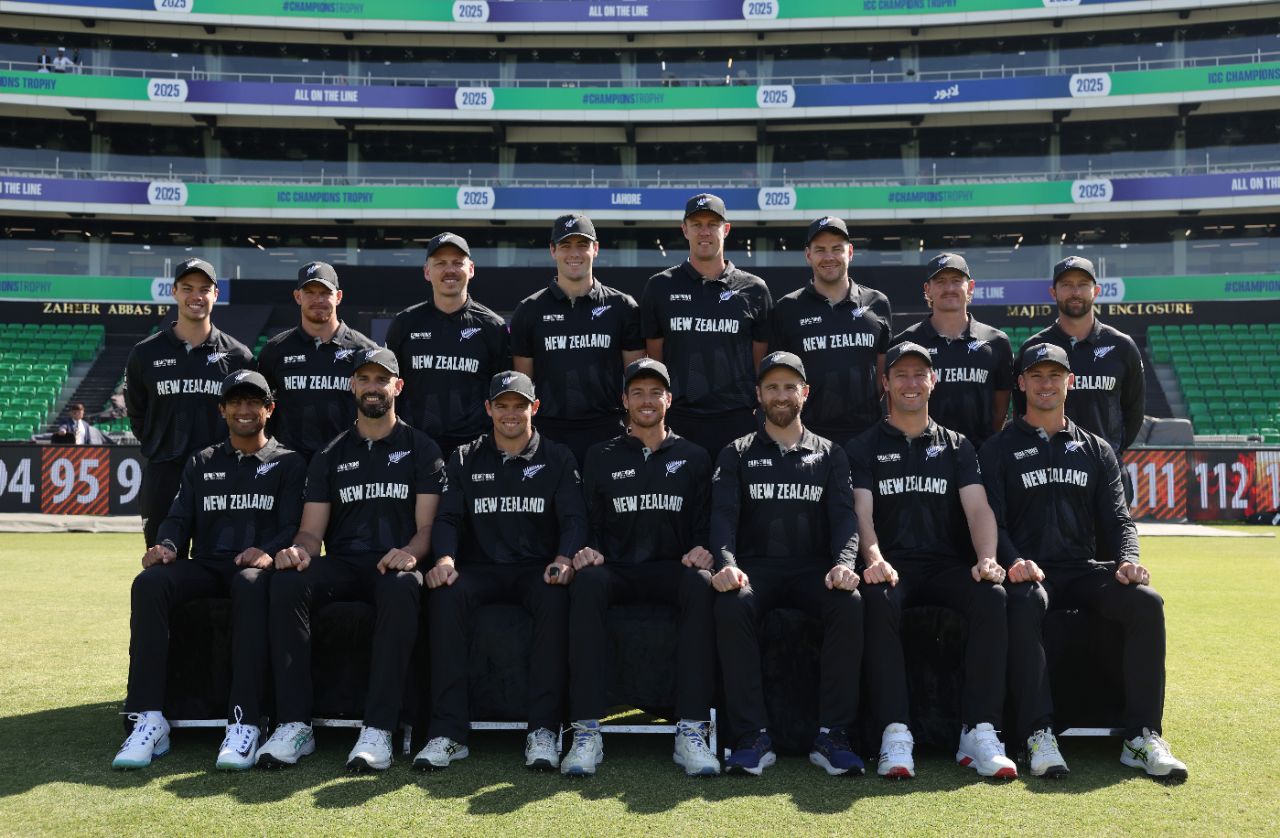 New Zealand's ODI class of 2025: (standing L to R) Mark Chapman, Glenn Phillips, Michael Bracewell, Will O'Rourke, Kyle Jamieson, Jacob Duffy, Nathan Smith, Devon Conway, (seated L to R) Rachin Ravindra, Daryl Mitchell, Tom Latham, Mitchell Santner (capt), Kane Williamson, Matt Henry, Will Young, Champions Trophy 2025, Lahore, March 4, 2025