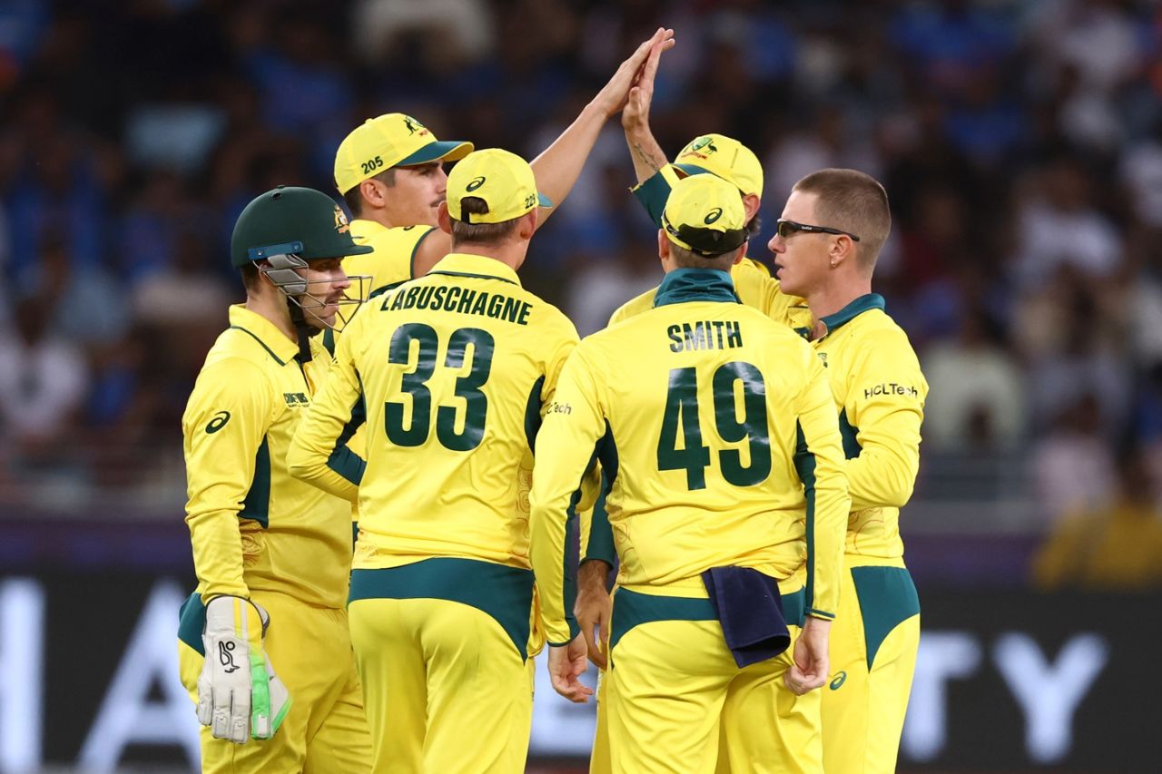 Adam Zampa celebrates a wicket with his team-mates, Australia vs India, 1st semi-final, Dubai, Champions Trophy, March 4, 2025
