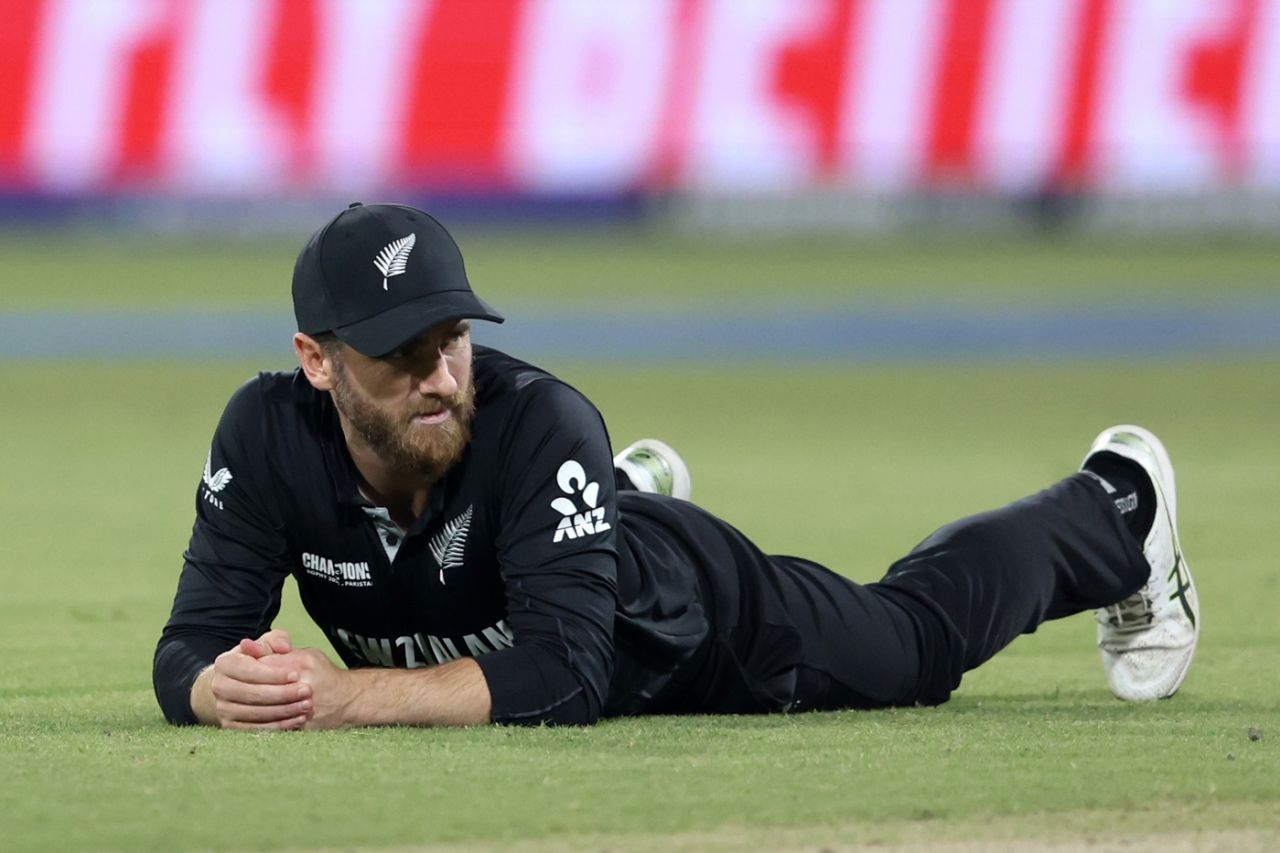 Kane Williamson looks on after a missed fielding attempt, New Zealand vs South Africa, Champions Trophy semi-final, Lahore, March 5, 2025