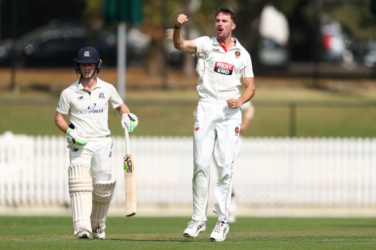 Jordan Buckingham celebrates the wicket of Sam Harper, Victoria vs South Australia, Sheffield Shield, Day 1, Junction Oval, March 6, 2025