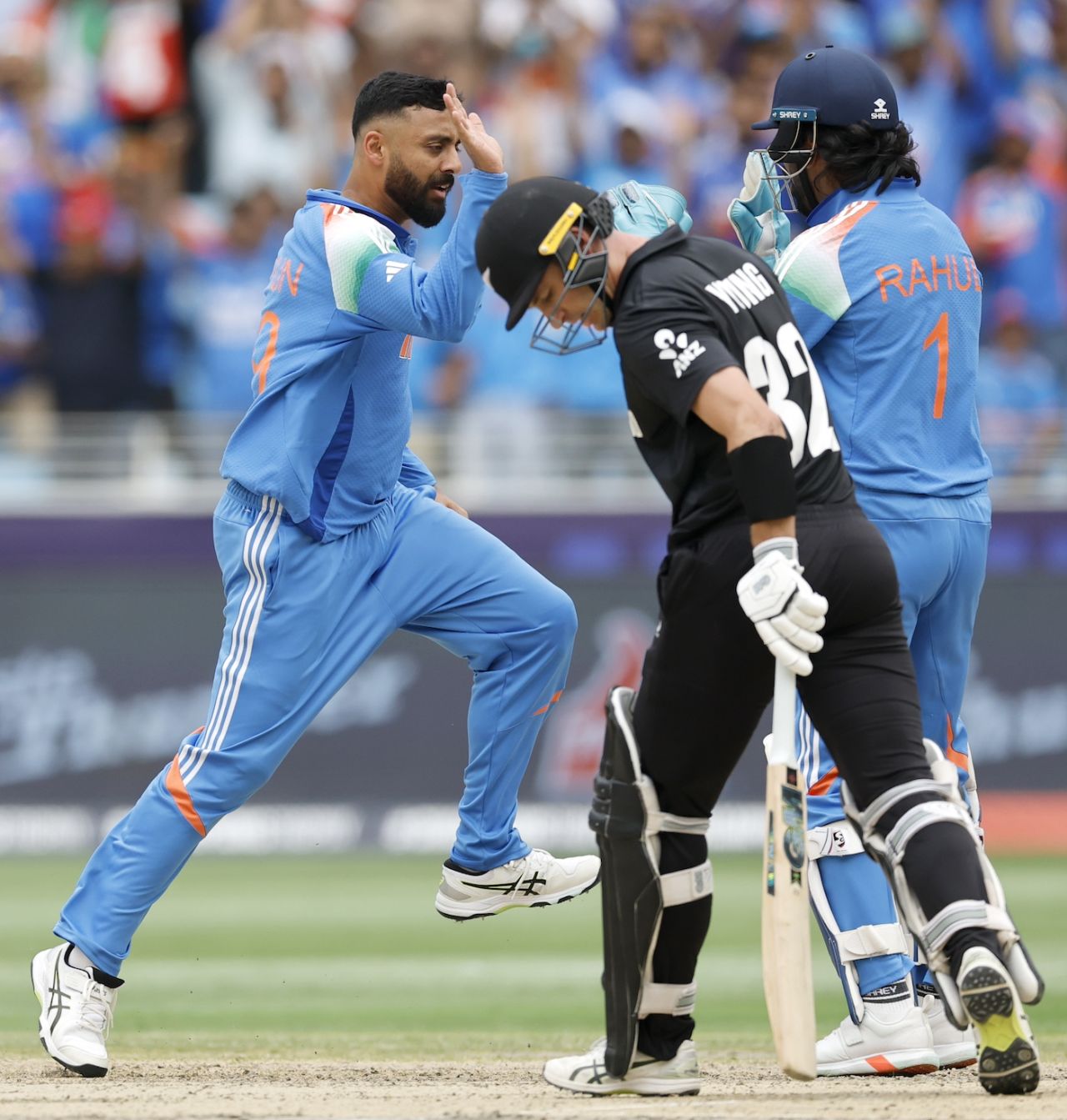 Varun Chakravarthy picked up the first wicket, trapping Will Young in front, India vs New Zealand, Champions Trophy final, Dubai, March 9, 2025