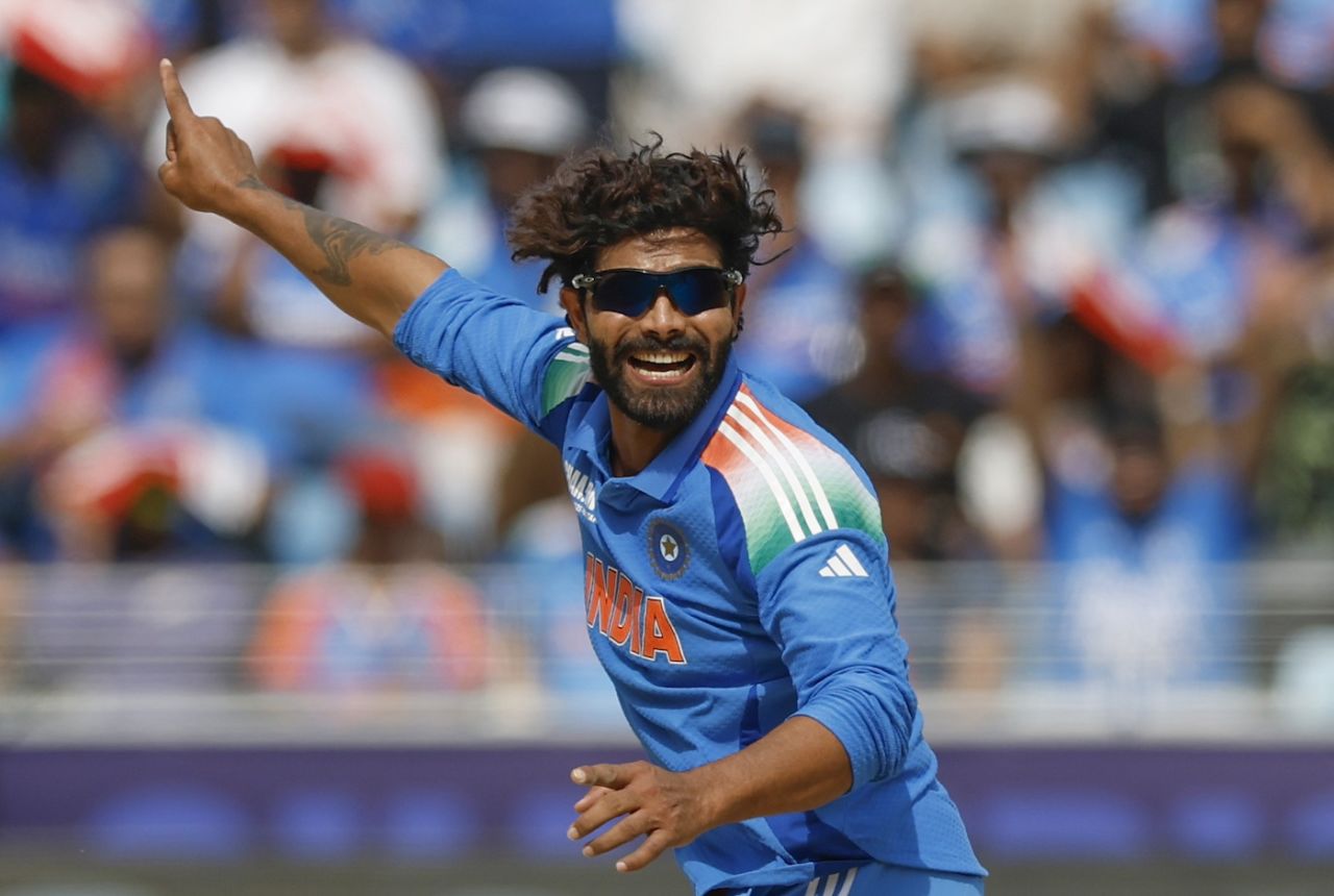 Ravindra Jadeja goes up in appeal, India vs New Zealand, Champions Trophy final, Dubai, March 9, 2025