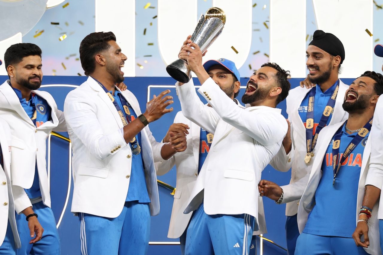 Virat Kohli holds the Champions Trophy aloft, India vs New Zealand, Champions Trophy final, Dubai, March 9, 2025