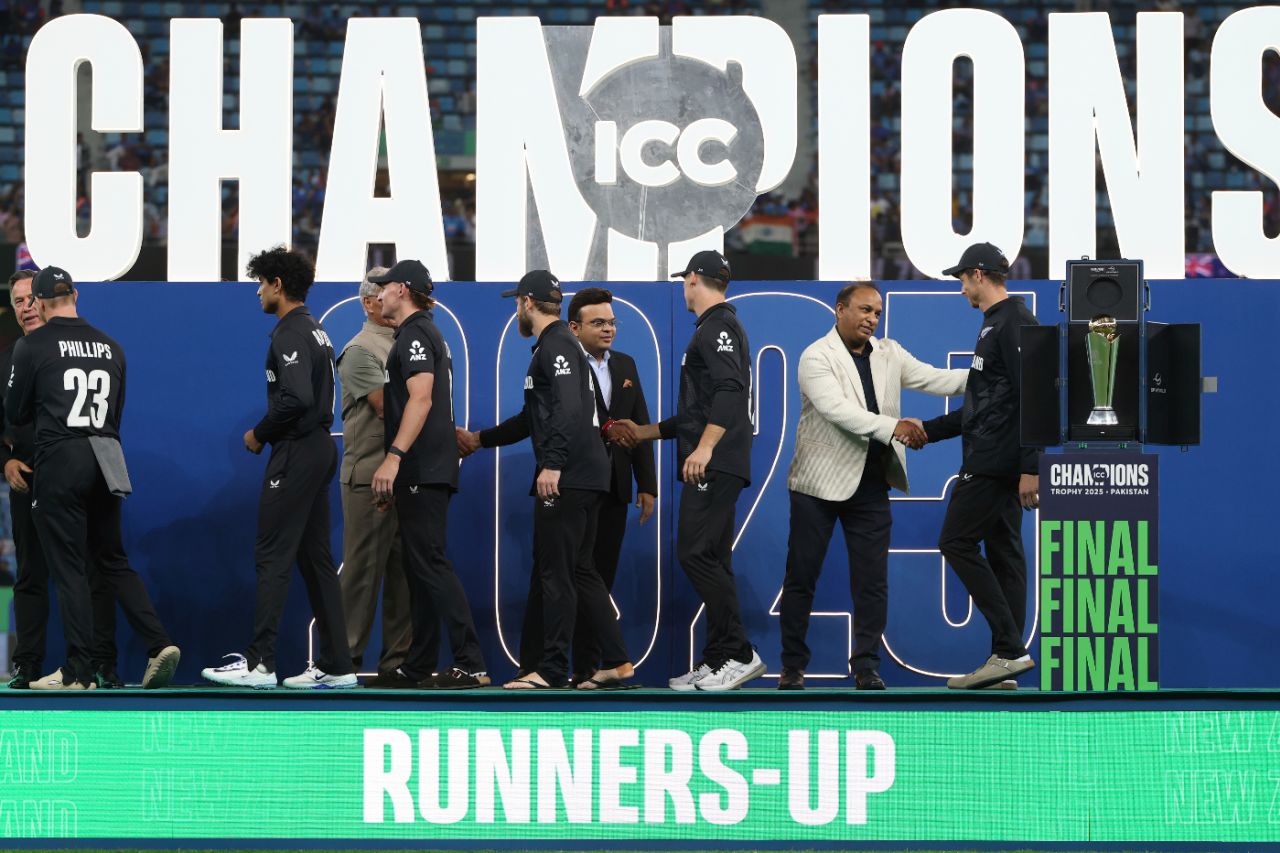 Runners-up New Zealand are greeted by officials on the presentation podium, including ICC chair Jay Shah and BCCI secretary Devajit Saikia, India vs New Zealand, Champions Trophy final, Dubai, March 9, 2025