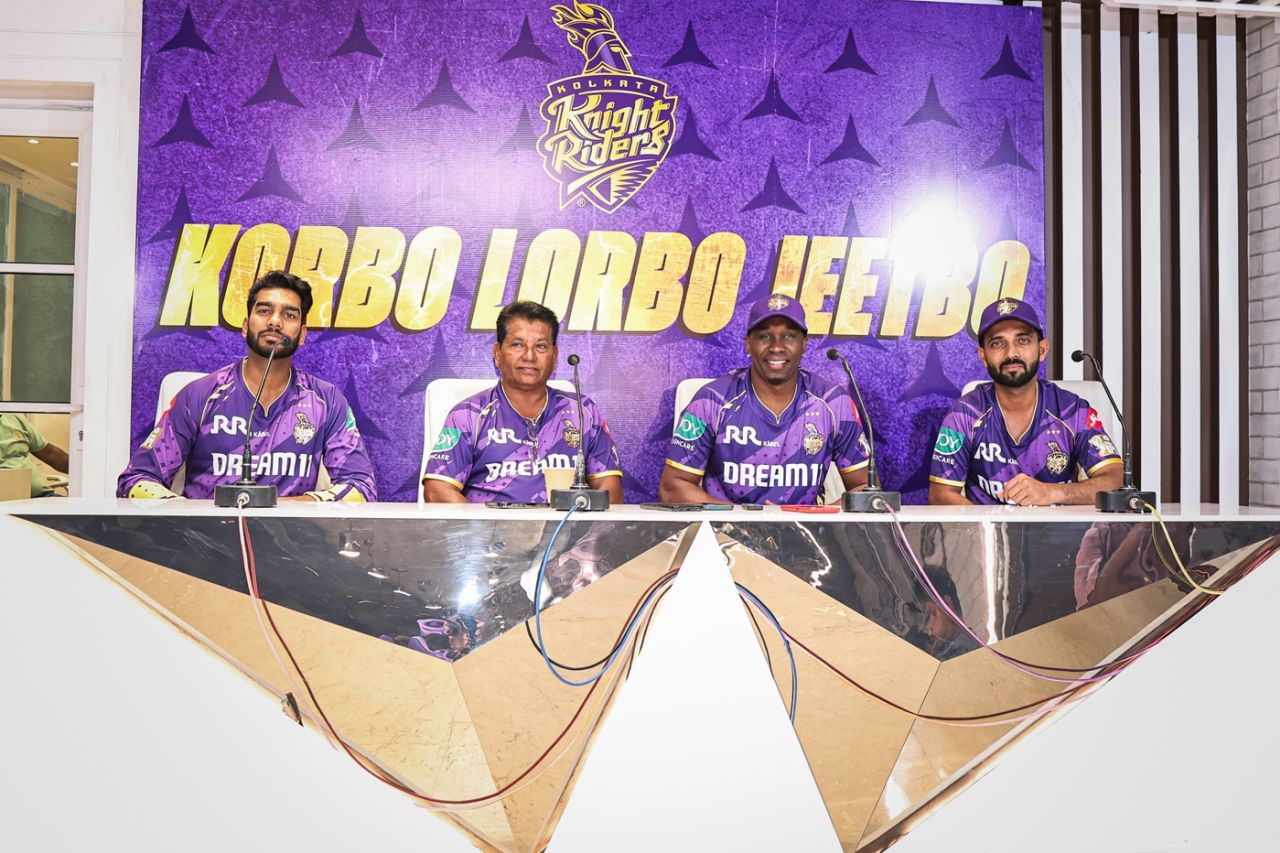Venkatesh Iyer, Chandrakant Pandit, Dwayne Bravo and Ajinkya Rahane address a press conference, Kolkata, IPL 2025, March 13, 2025