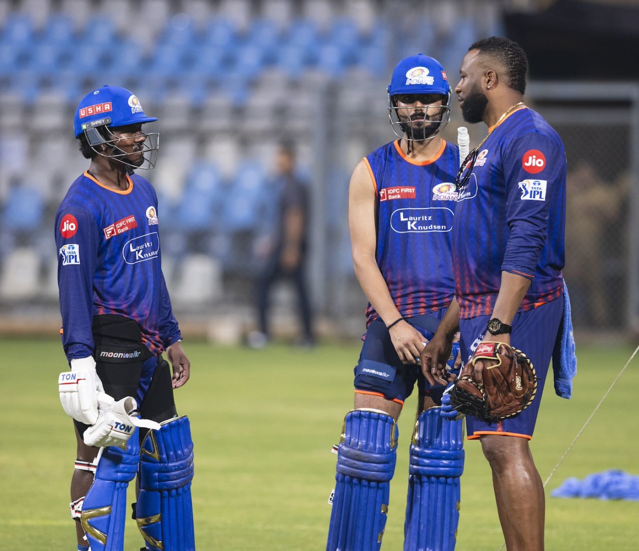 Kieron Pollard chats with Naman Dhir and Robin Minz, Mumbai, March 14, 2025