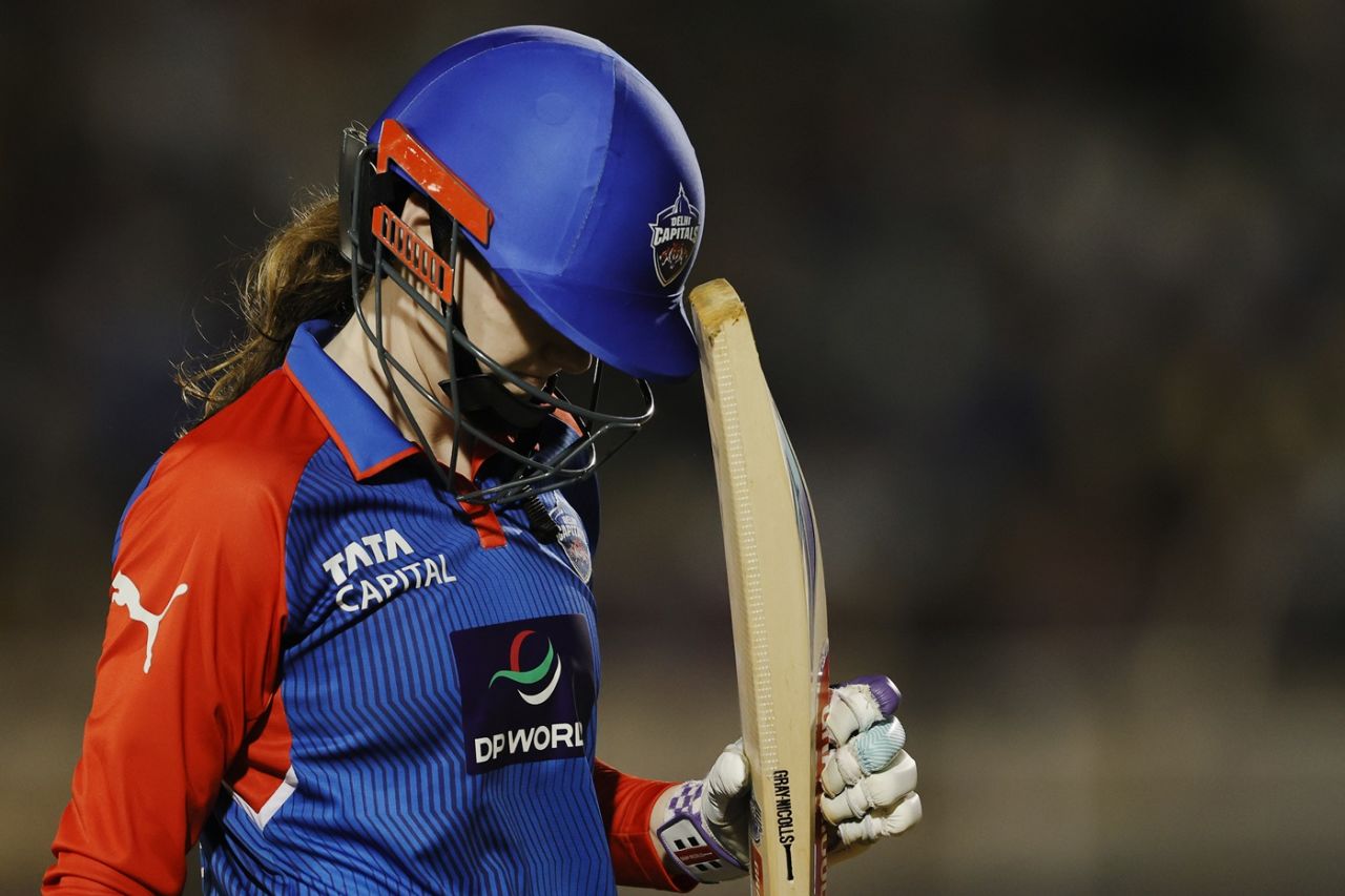 Sarah Bryce is disappointed after falling cheaply, Mumbai Indians vs Delhi Capitals, WPL 2025, final, Mumbai, March 15, 2025