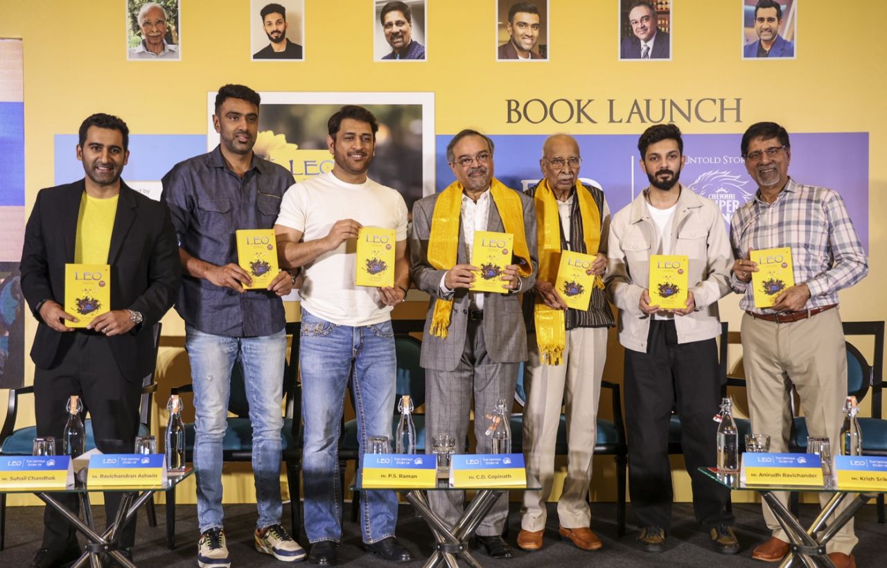 R Ashwin, MS Dhoni, CD Gopinath, K Srikanth with musician Anirudh Ravichander during a book launch in Chennai, Chennai, March 16, 2025