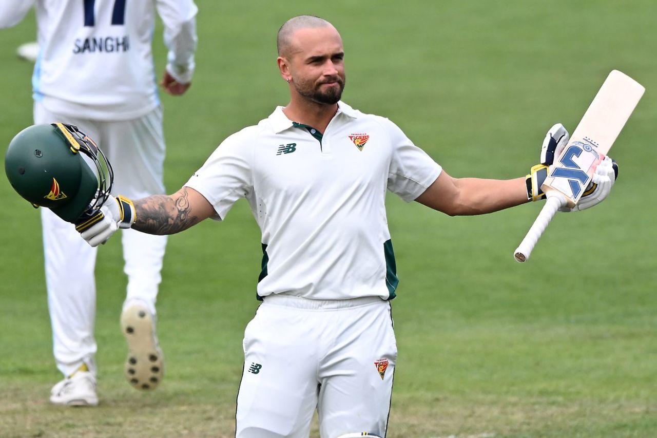 Jake Weatherald celebrates his third century of the season, Tasmania vs New South Wales, Sheffield Shield, Hobart, March 17, 2025